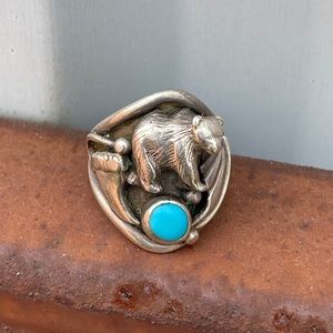 Navajo stamped Bear and Turquoise Ring size 8.5
